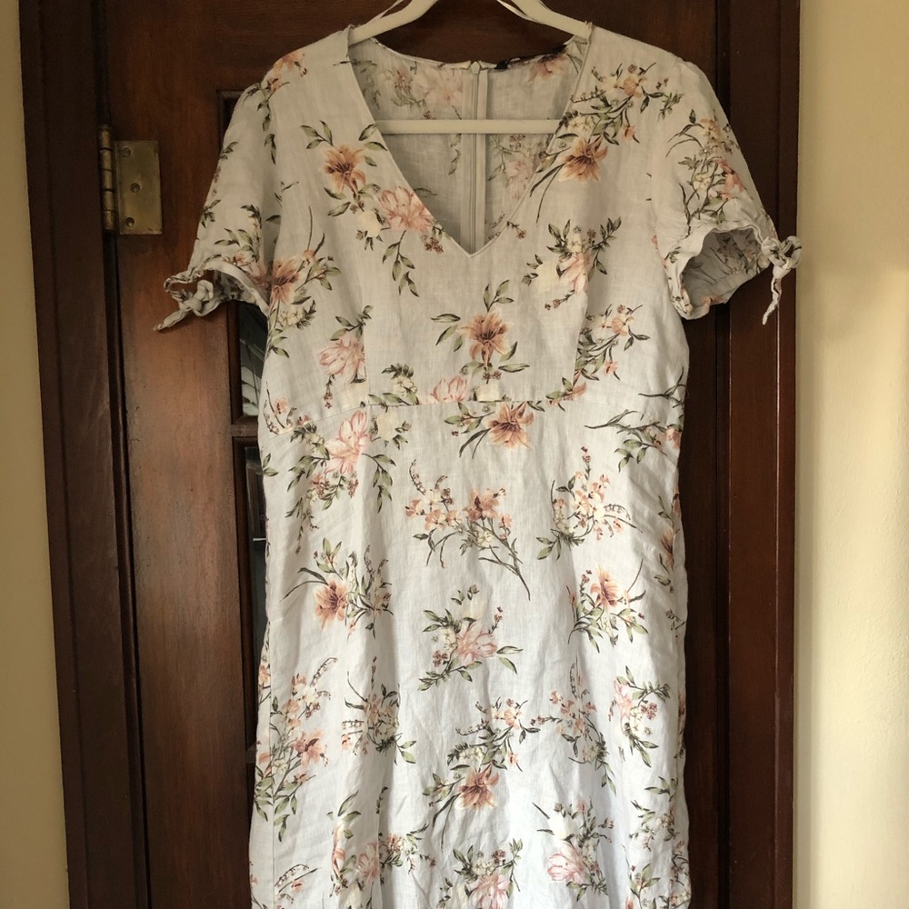 Zara linen dress with floral print, midcalf length